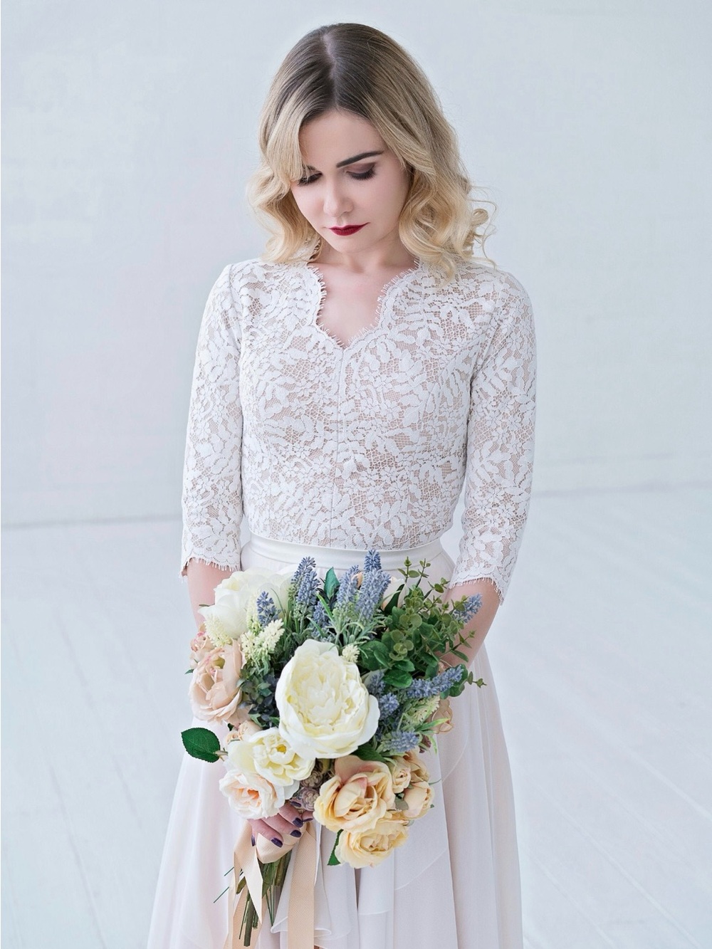 Women’s Ivory Lace Peplum Top - Elegant Scallop Neckline